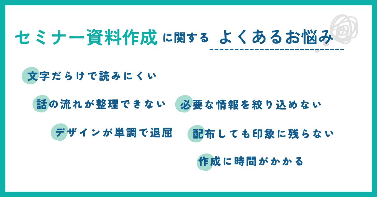 セミナー資料作成に関するよくあるお悩み。文字だらけで読みにくい。話の流れが整理できない。デザインが単調で退屈。情報を絞り込めない。配布しても印象に残らない。作成に時間がかかる。
