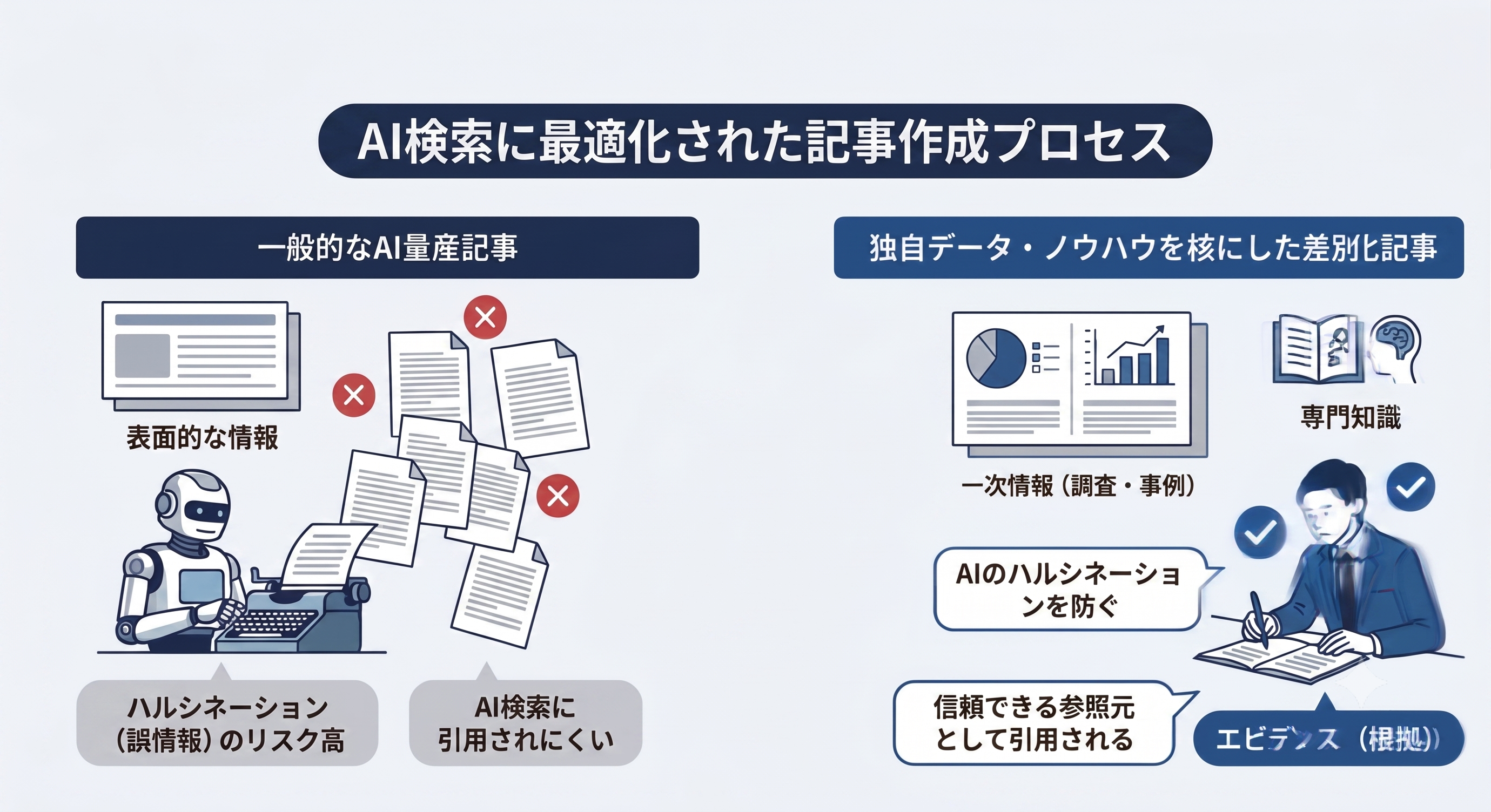 AIによる量産記事と、独自データ・ノウハウを核にした差別化記事を比較した図